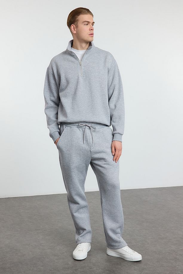 Gri Melanj Oversize/Geniş Kesim Dik Yaka Fermuarlı Eşofman Takımı TMNAW25EM00001 - 1