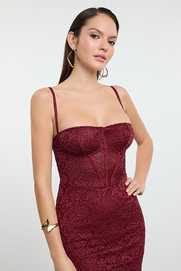 Bordo Astarlı Dantel Örme Midi Abiye Gece Mezuniyet Elbisesi TPRAW25EL00120 - 5