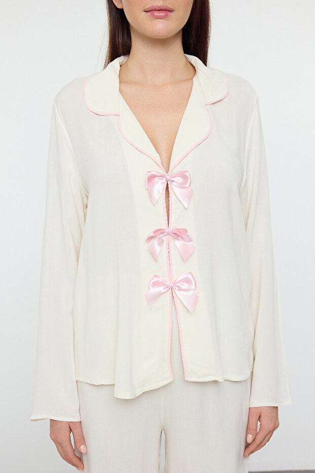 Viscose Pajama Set - Ecru Ribbon, Bow and Piping Detail Thmaw25pt00032 - 3