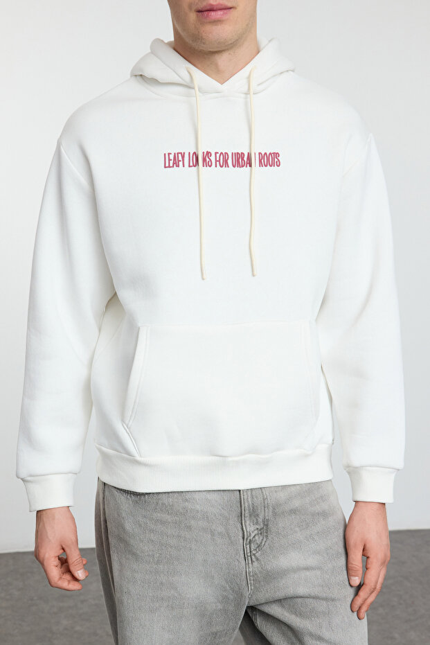 Ekru Oversize/Geniş Kesim Kabartma Baskı ve Sırt Nakış Detaylı İçi Polar Sweatshirt TMNAW25SW00072 - 3