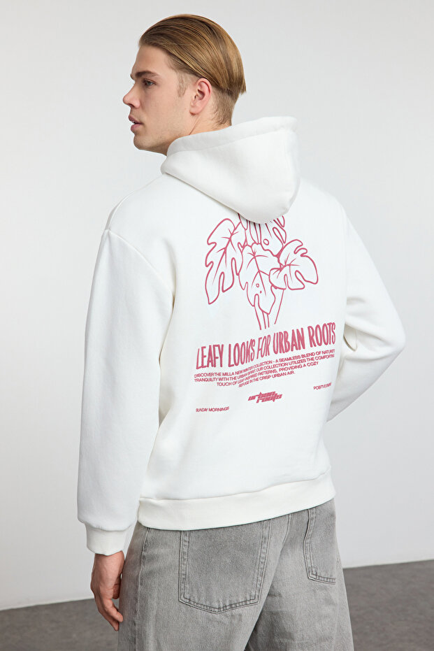 Ekru Oversize/Geniş Kesim Kabartma Baskı ve Sırt Nakış Detaylı İçi Polar Sweatshirt TMNAW25SW00072 - 1