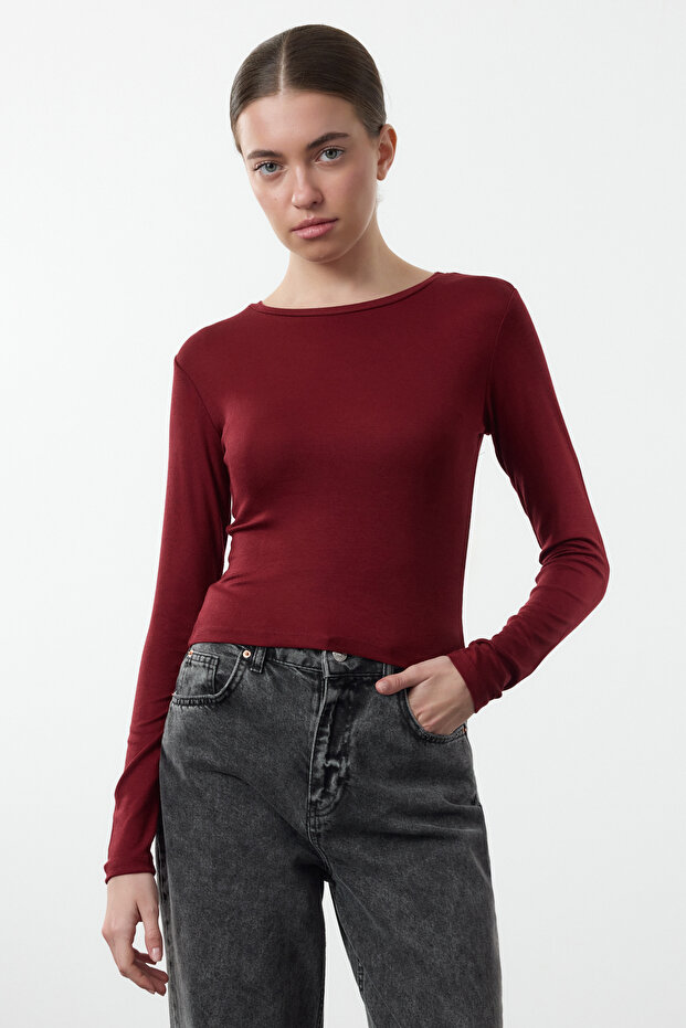 Siyah-Bordo İkili Paket Viskon/Yumuşak Kumaşlı Crop Fitted/Vücuda Oturan Örme Bluz TWOAW25BZ00061 - 4