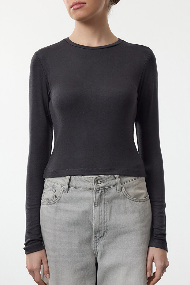 Antrasit Viskon Bisiklet Yaka Crop Esnek Örme Bluz TWOAW24BZ00116 - 3