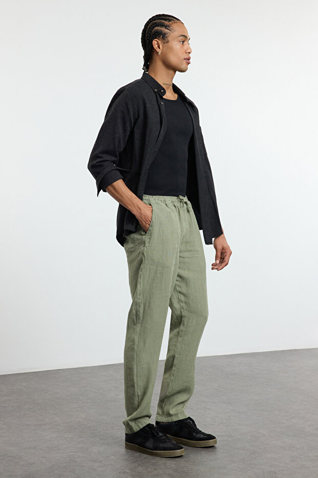 Premium Haki %100 Keten Straight Fit Lastikli Beli Bağlamalı Pantolon TMNSS24PL00018 - 2