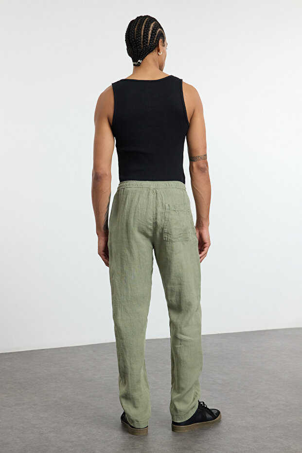 Premium Haki %100 Keten Straight Fit Lastikli Beli Bağlamalı Pantolon TMNSS24PL00018 - 5