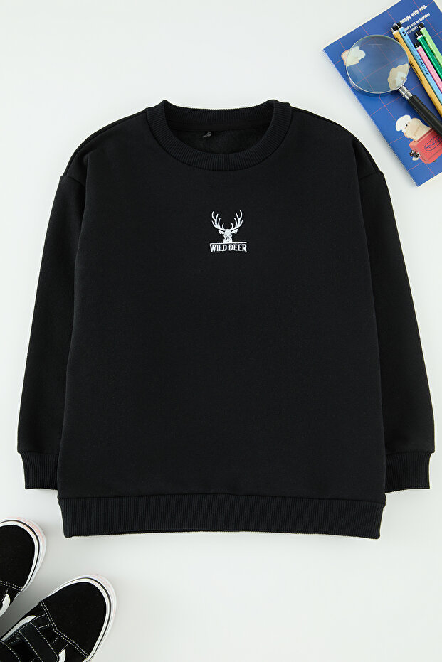 Siyah Erkek Çocuk Polar Baba-Oğul Baskılı Örme Mini Me Sweatshirt TKDAW25SW00054 - 3