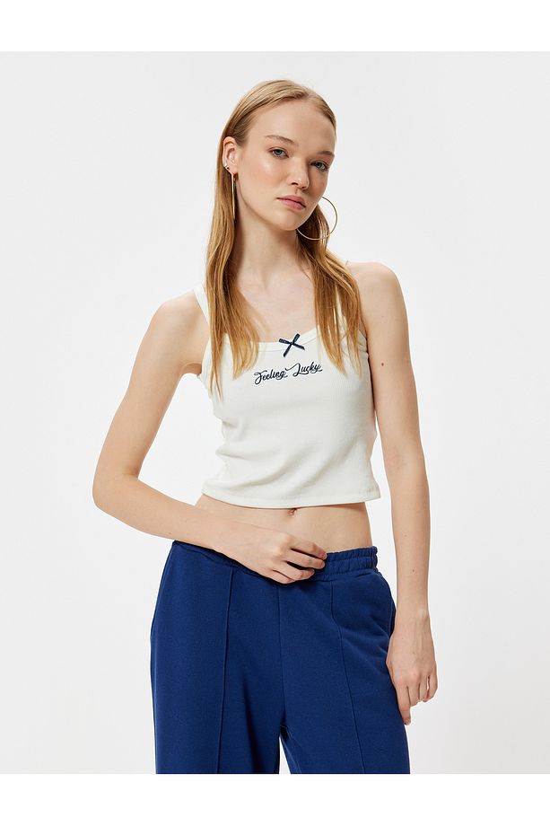 Askılı Atlet Fiyonk Detaylı Slogan Nakışlı Slim Fit - 2
