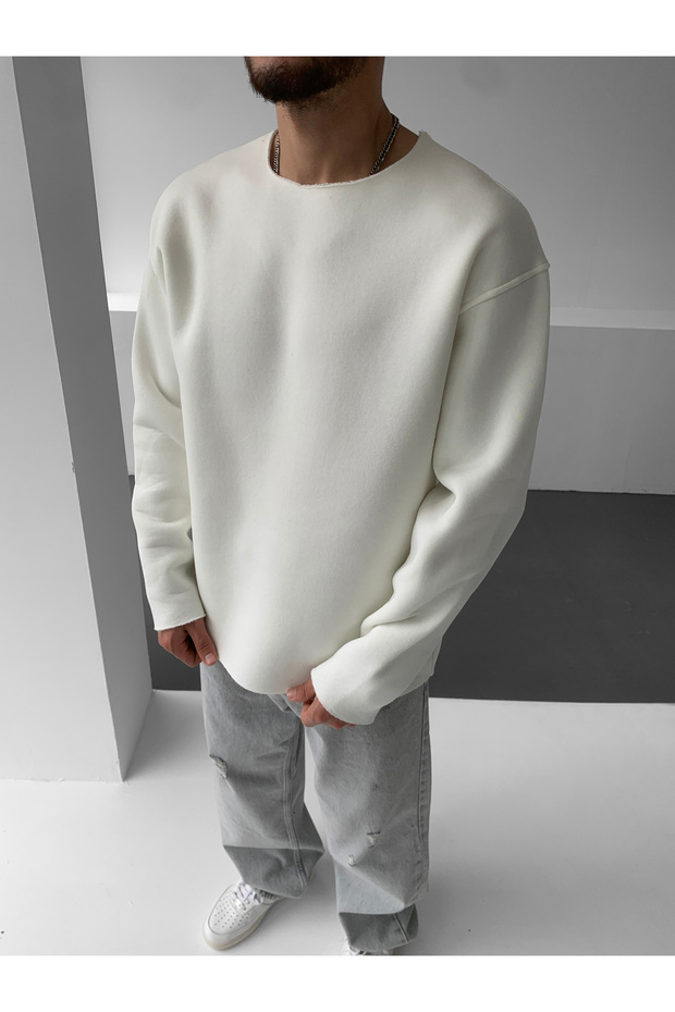 سويت شيرت أبيض أساسي كبير الحجم مقطوع بالليزر - 2