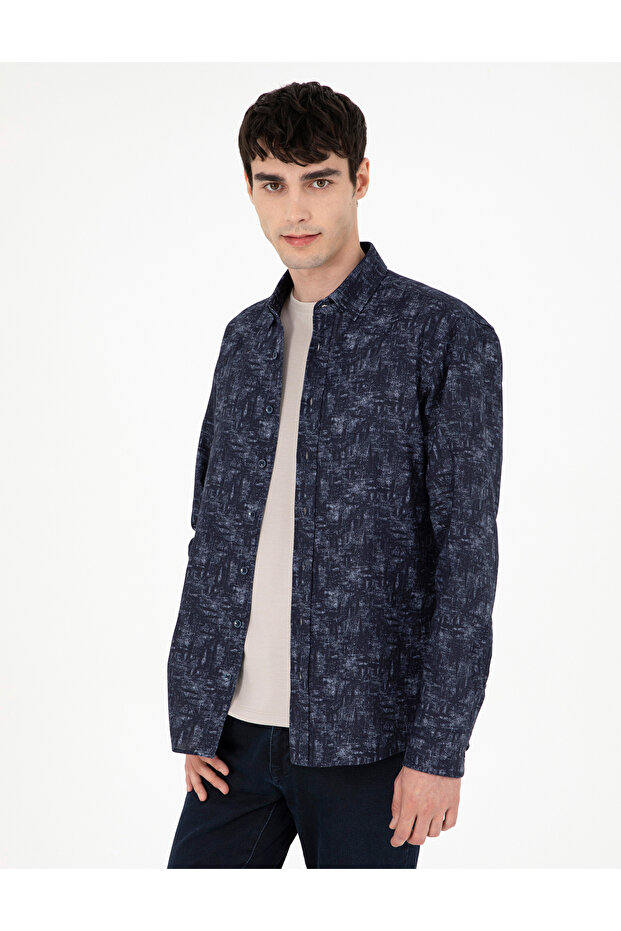 Navy Blue Slim Fit Long Sleeve Shirt 50292130-Vr033