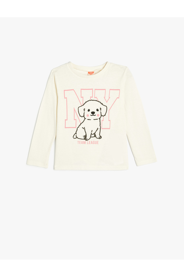 Dog Print Long Sleeve Cotton Crew Neck T-Shirt