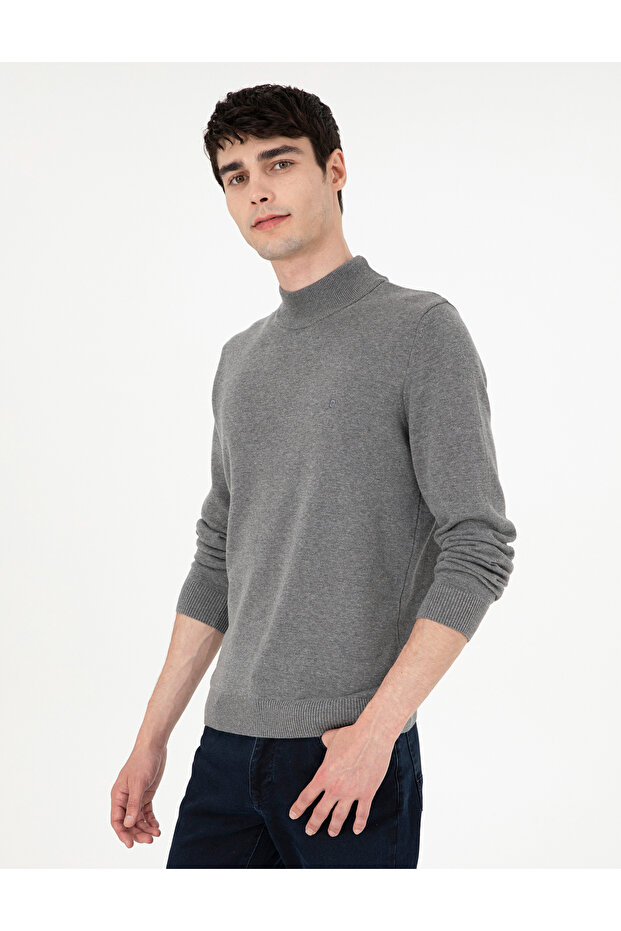 Gray Melange Slim Fit Half Turtleneck Basic Knitwear Sweater 50296548-Vr086