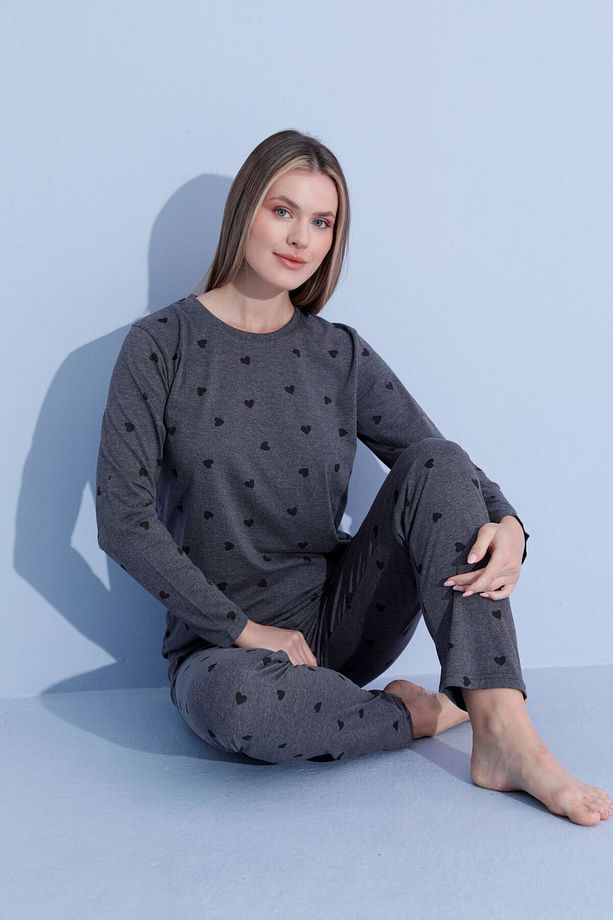 Pamuklu Gri Desenli Kadın Uzun Kol Pijama Takımı - 3