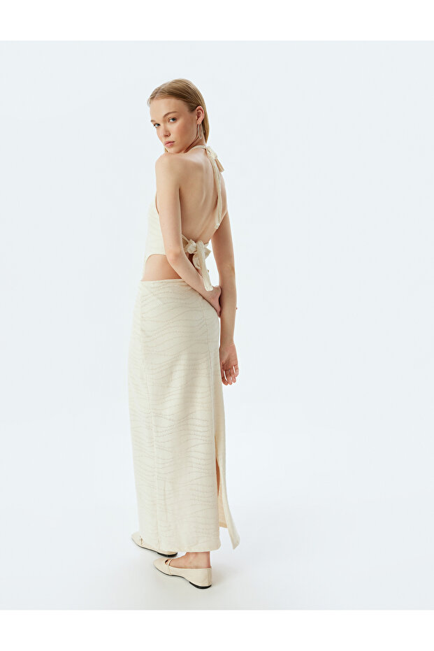Long Dress with Halter Neck, Sleeveless, Window Detail, Slit