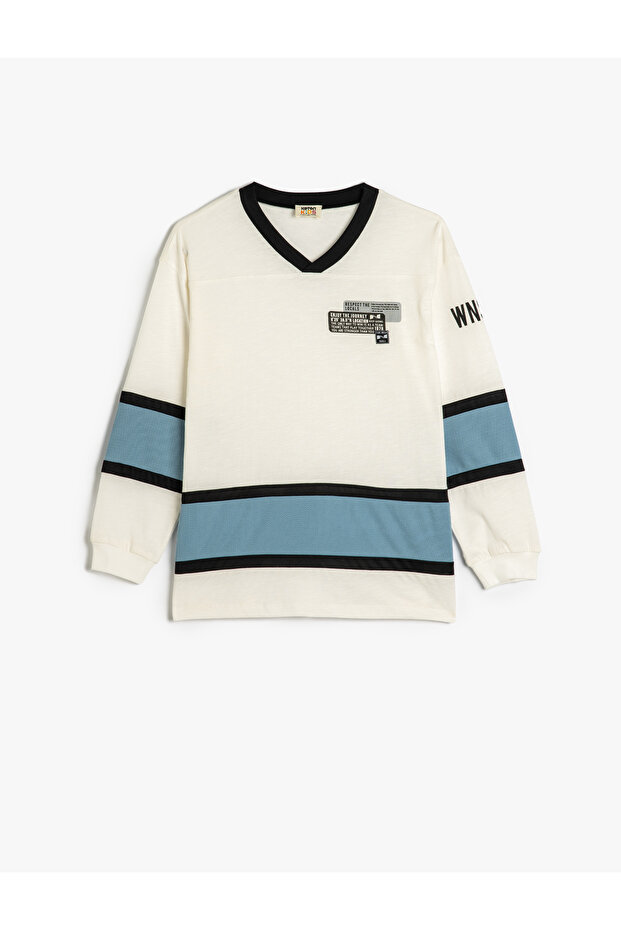 T-Shirt with Slogan Print Long Sleeve V-Neck Cotton