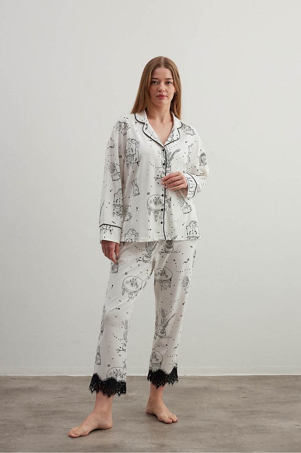 Kadın Plus Size Pamuklu Gömlek Yaka Uzun Pijama Takımı - 3