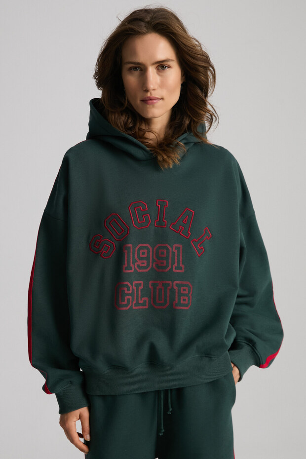 Possıbılıty Women's Embroidered Printed Hooded Green Sweatshirt