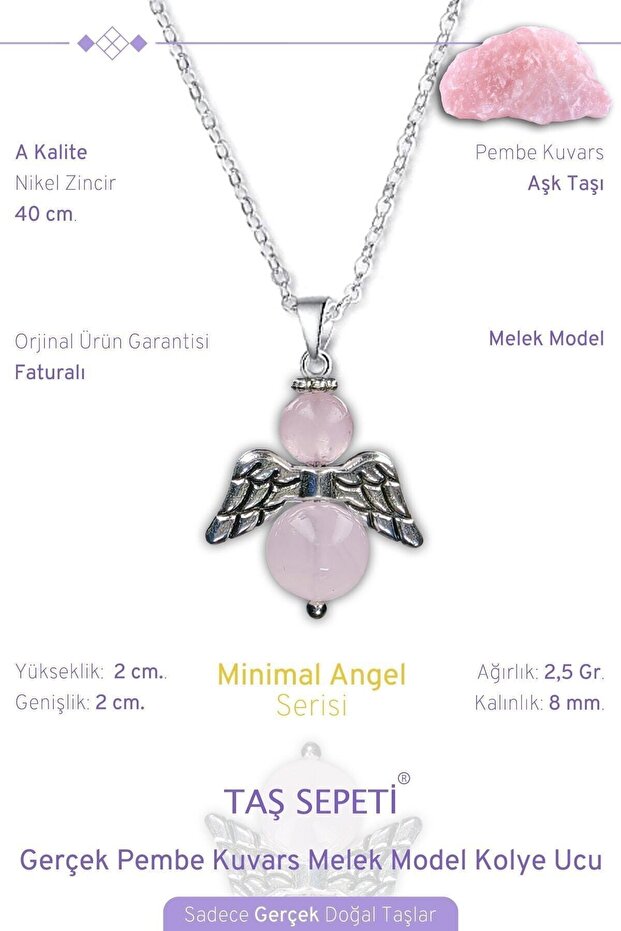 Real Pink Quartz Natural Stone Minimal Angel Model A Quality Chain Pendant