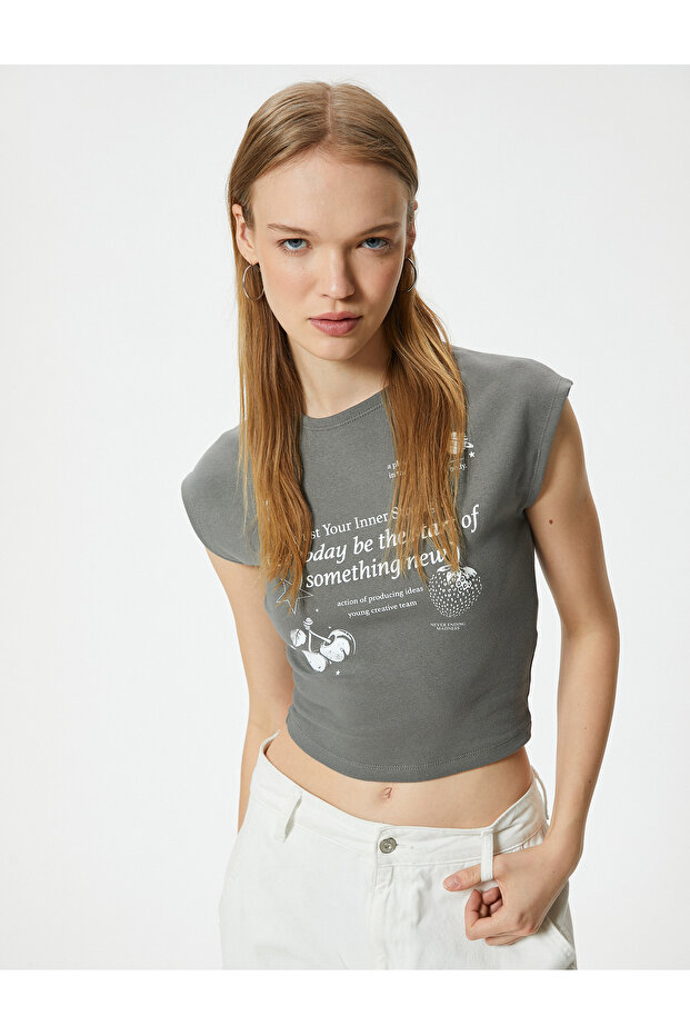 Crop T-Shirt Printed Short Sleeve Crew Neck Cotton Slim Fit