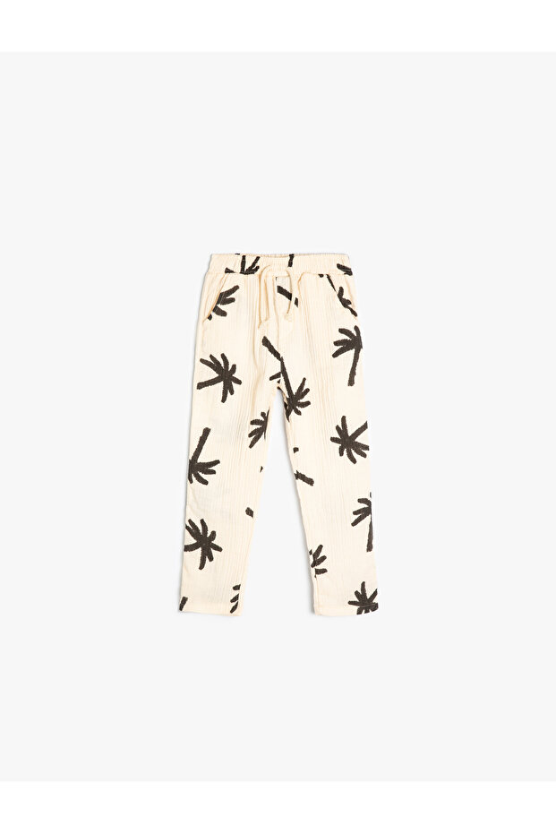 Pants Palm Tree Patterned Waist Tied Pocket Cotton