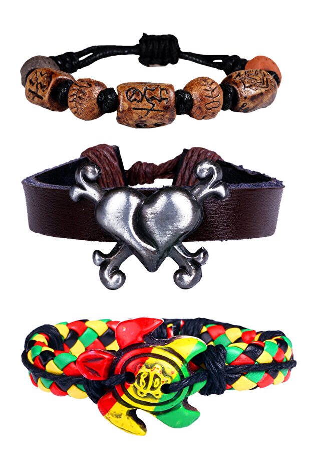 Adjustable Size Leather Unisex Bracelet Bundle with String Detail