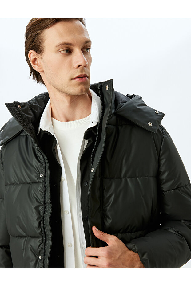 Slim Fit Hooded Faux Leather Puffer Jacket