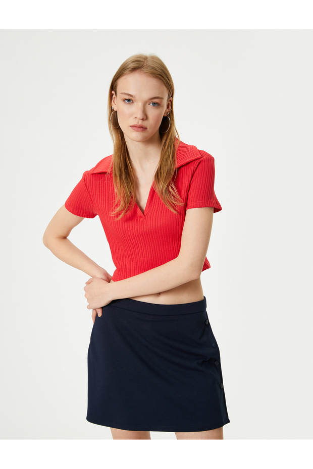 Polo Neck Crop T-Shirt Short Sleeve Ribbed Cotton