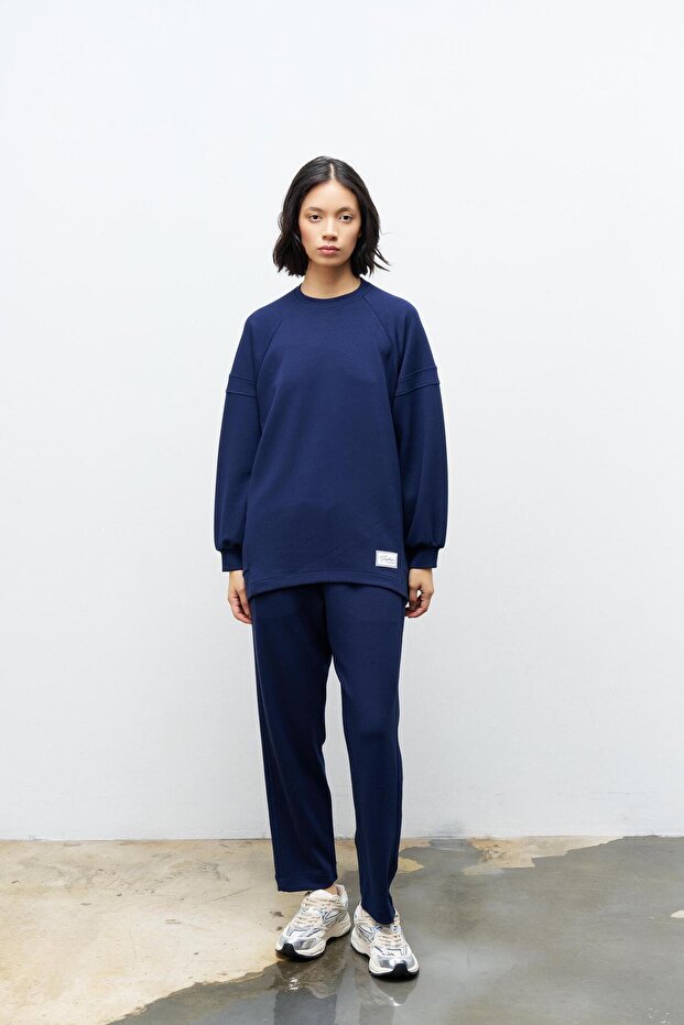 Navy Blue Anti-Sweat Ornamental Label Detailed Top and Waist Elastic Trousers Modal Set