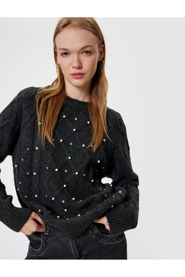 Knitwear Sweater Crew Neck Pearl Detailed Knitted Textured Long Sleeve
