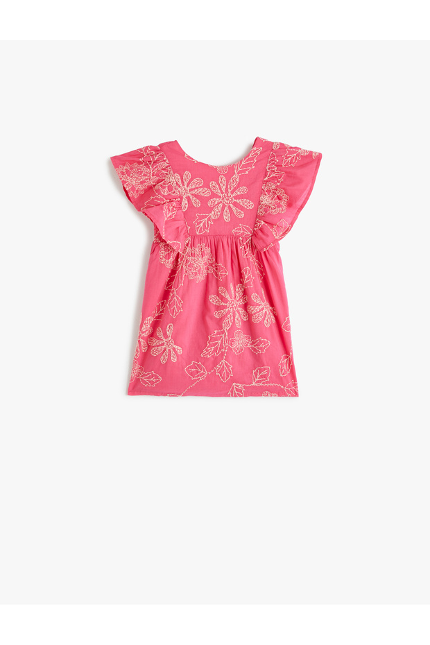 Dress Floral Embroidered Sleeveless Ruffle Detailed Round Neck Cotton