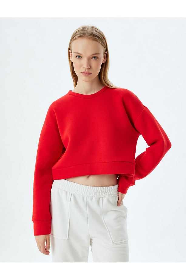 Crop Spor Oversize Sweatshirt Basic Bisiklet Yaka Şardonlu - 4