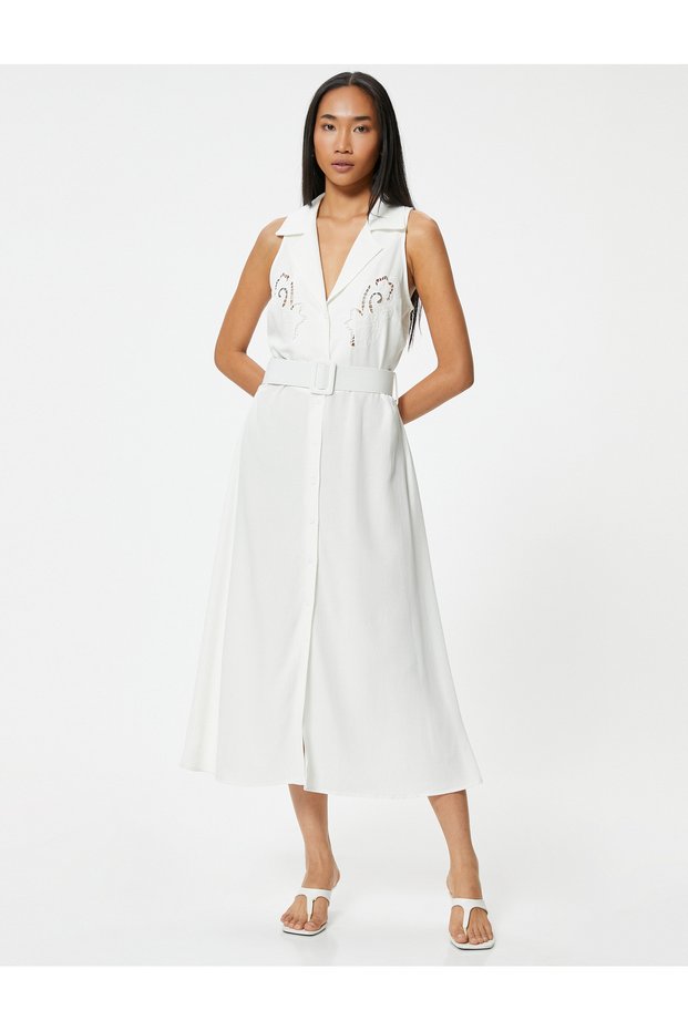 Sleeveless Midi Shirt Dress with Belt and Floral Scallop Detail