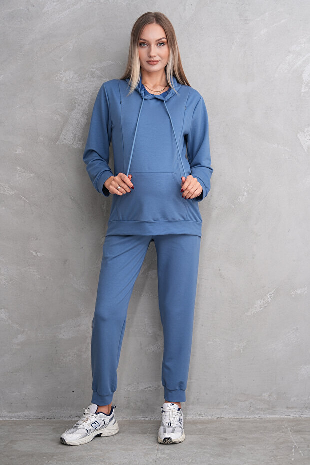 Indigo Maternity and Maternity Hooded Sweatshirt Tracksuit Set