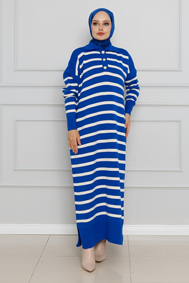 Polo Collar Striped Knitwear Dress-Sax Blue