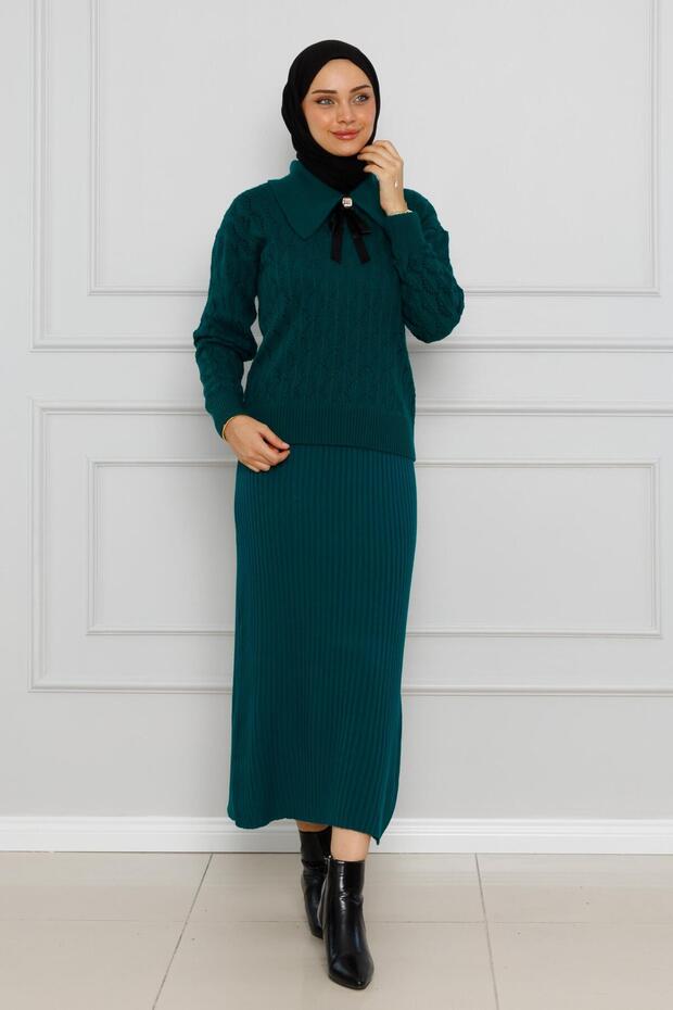 Shirt Collar Knitted Sweater Set with Gilets-Petrol