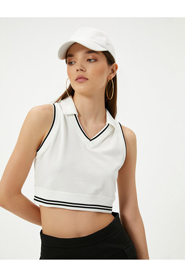 Polo Collar Crop Top Sleeveless Striped Cotton