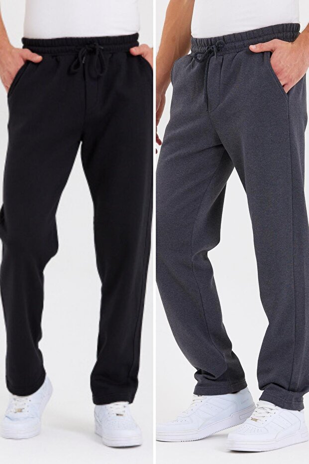 Black-anthracite Back Pocket Label Detailed Straight Leg Men's Cotton 2-Piece Sweatpants Pack