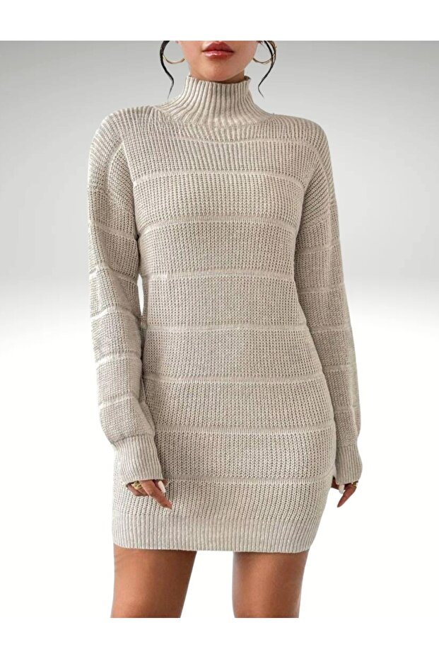 Rahat  Triko Elbise Model Yarım Balıkçı Yaka Selanik Örgü - 5