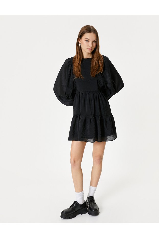 Balloon Sleeve Mini Dress Long Sleeve Round Neck Lined Layered