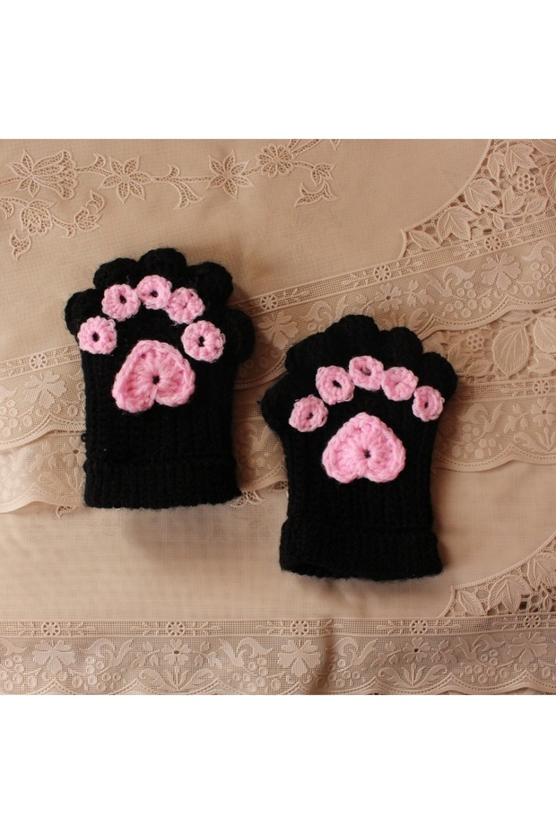 El Yapımı Siyah Patili Kore Tarzı Eldiven Parmaksız Model Kışlık - 2