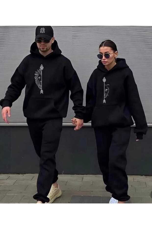 Unisex Women Men Lover Couple Combination Lion and Arrow Printed 2-Piece Top and Bottom Tracksuit Set