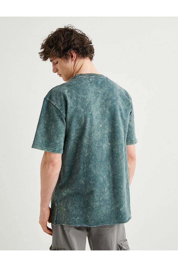 Oversize Tişört Yıkamalı Bisiklet Yaka Kısa Kollu - 4