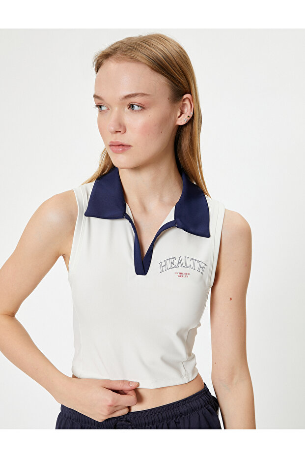 Crop Sport Athlete Slogan Printed Polo Collar Sleeveless Slim Fit