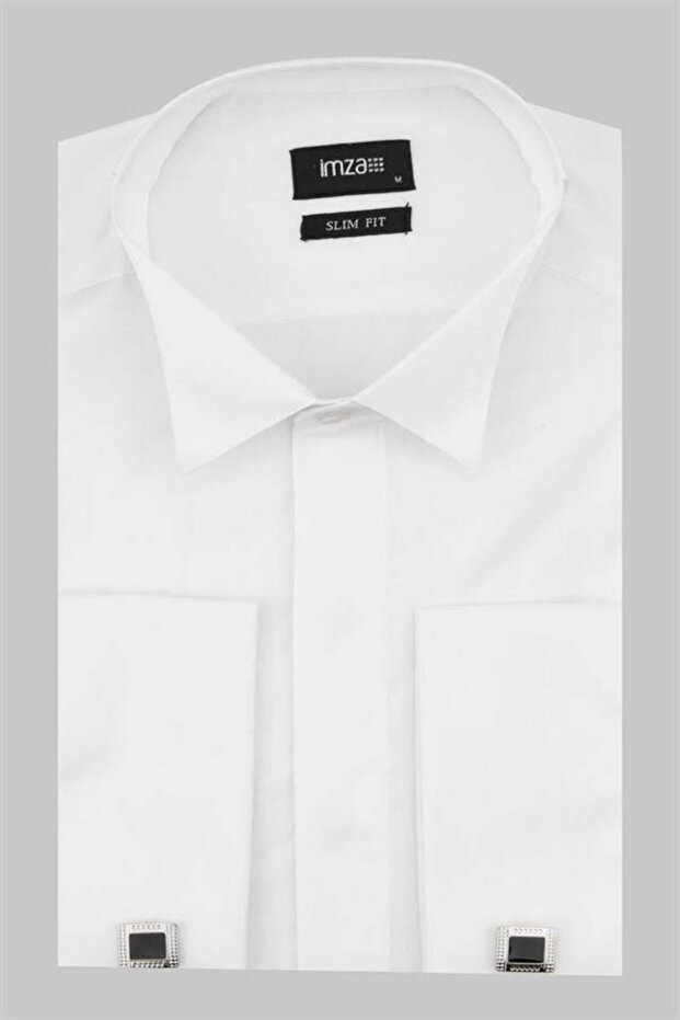 Men's White Long Sleeve Stand Collar Slim Fit Shirt 1004225060