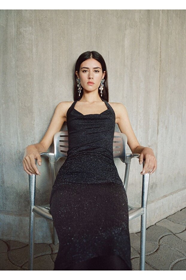 Drape yaka lureks elbise - 6