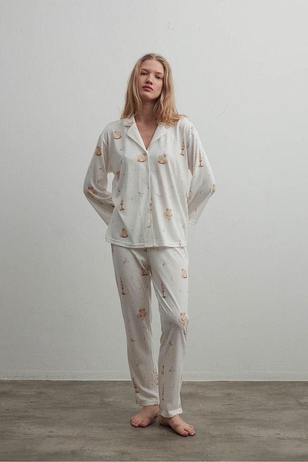 Kadın Pamuklu Uzun Kollu Gömlek Pijama Üstü - 3