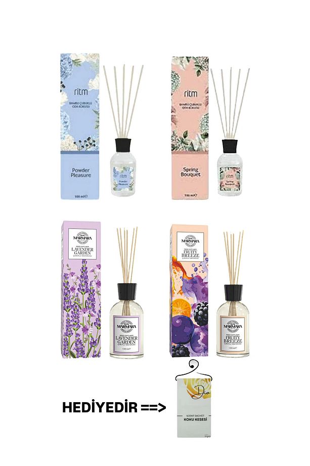 Premium Reed Diffuser 4'lü Çubuklu Oda Kokusu 4x100ml & Dio Koku Kesesi Hediyeli - 1