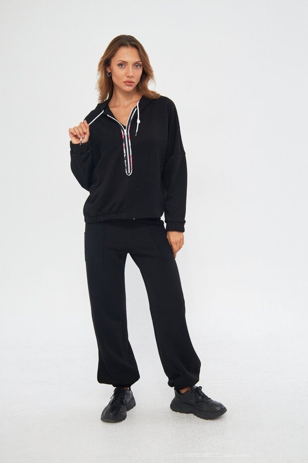 KAPÜŞONLU BASIC SİYAH SWEATSHIRT - 1