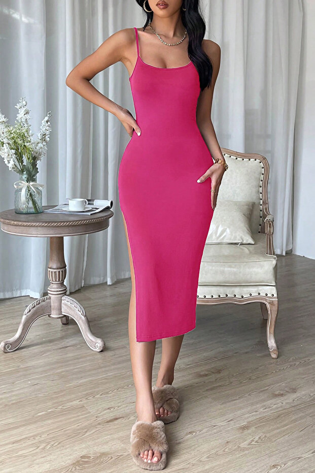 Kadın Fuşya Yırtmaçlı Diz Altı Vücüdu Saran Gecelik - 6