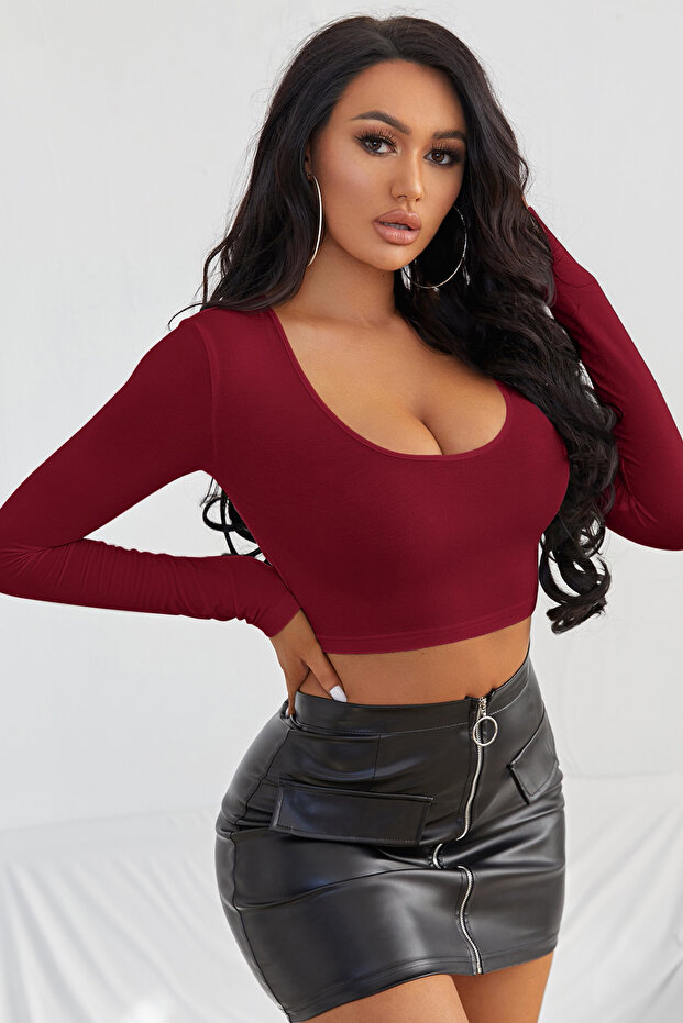 Kadın Bordo Uzun Kol Kare Yaka Crop Top Bluz - 5