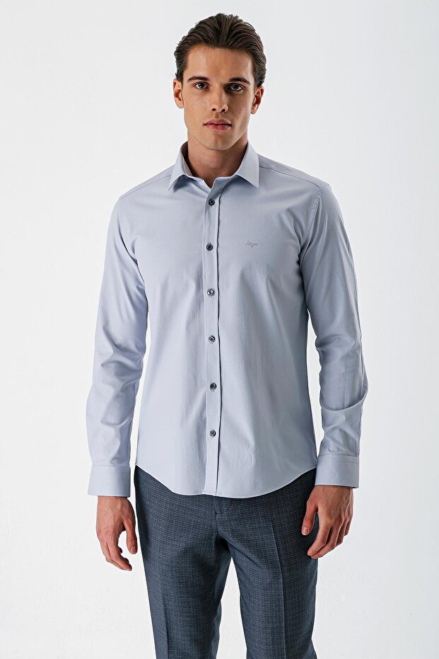 Men's Gray Long Sleeve Cotton Lycra Slim Fit Shirt 1004240193